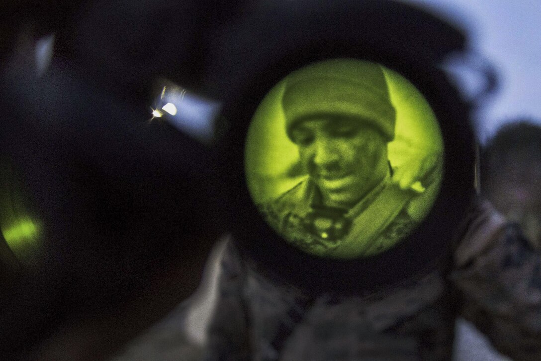 Marine Corps Cpl. Justin Morrall prepares for night stalking during Korea Marine Exercise Program 17-6 near Camp Mujuk, Pohang, South Korea, March 30, 2017. Morrall is assigned to the 3rd Marine Division's 3rd Marine Reconnaissance Battalion, 3rd Marine Expeditionary Force. Marine Corps photo by Sgt. Ally Beiswanger