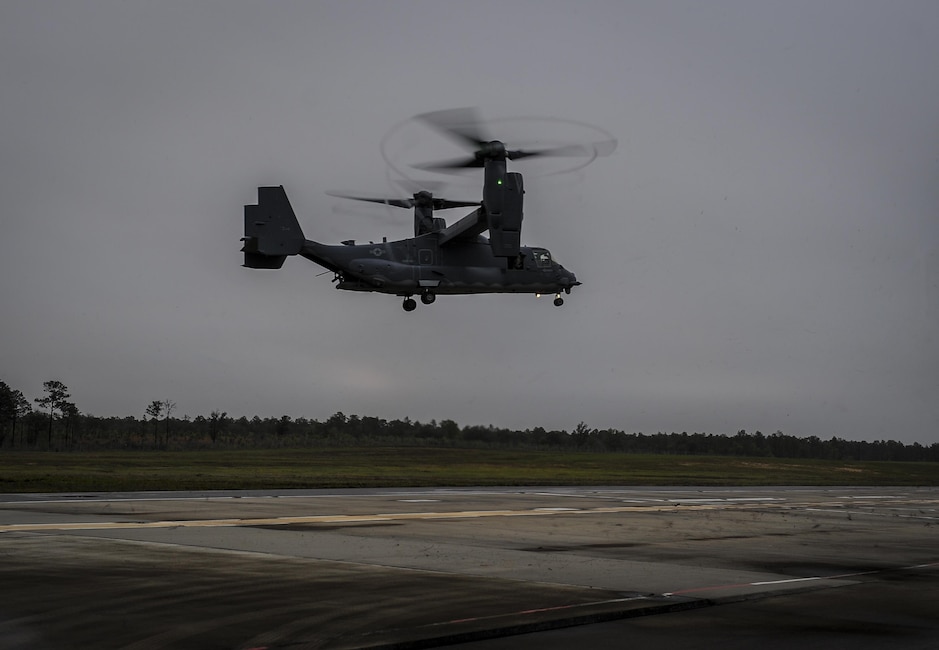 A CV-22 Osprey approaches the Landing Helicopter Deck at Duke Field, Fla., April 3, 2017. This was the first step in an effort to utilize the LHD as part of a pre-deployment requirement for CV-22 aircrew to be deck qualified. In previous years, members of the 8th Special Operations Squadron and 8th Aircraft Maintenance Unit would travel to various locations multiple times a year to gain aircraft carrier qualification. (U.S. Air Force photo by Airman 1st Class Isaac O. Guest IV)