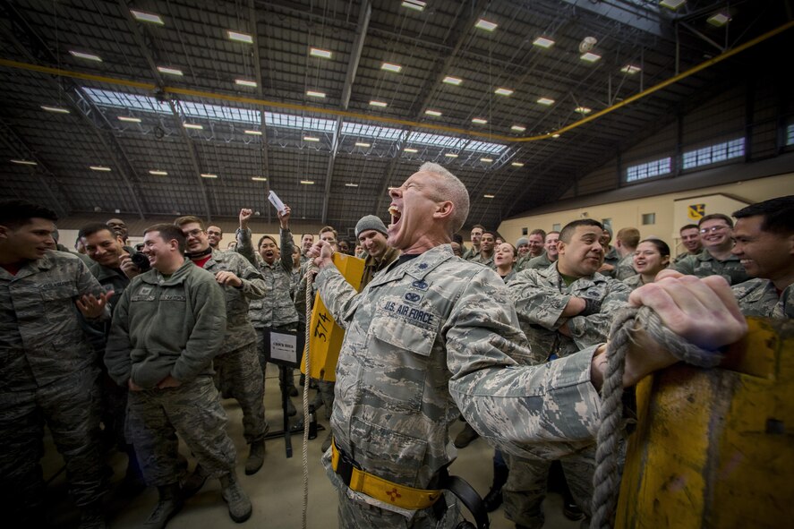 170331-F-EZ530-359
Lt. Col. Bernabe F. Whitfield, 374th Maintenance Group deputy commander, yells after a while participating in the chock hold event in the 374th Maintenance Group Wrenchbender Rodeo March 31, 2017, at Yokota Air Base, Japan. Over 400 Airmen gathered on the flightline for the Wrenchbender Rodeo hosted by the 374th Maintenance Group. (U.S. Air Force photo by Airman 1st Class Donald Hudson)