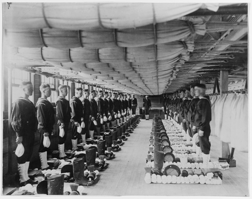 Navy apprentice seamen stand in formation, circa 1917. Naval History and Heritage Command photo