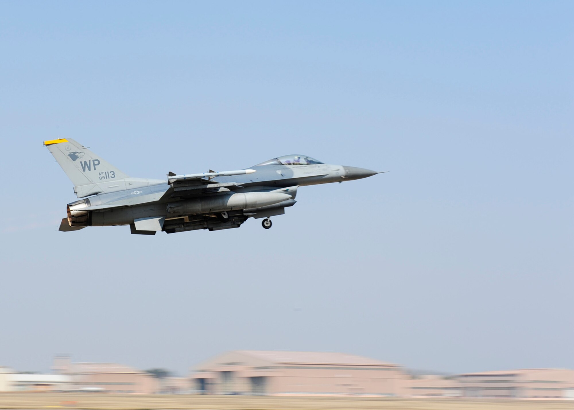 An F-16 Fighting Falcon assigned to the 80th Fighter Squadron at Kunsan Air Base, Republic of Korea, takes off at Seosan Air Base during Buddy Wing 17-3, March 30, 2017. The combined mission demonstrates the strength of the alliance between the United States and the Republic of Korea and their commitment to maintain stability and security on the peninsula. (U.S. Air Force photo/Staff Sgt. Chelsea Sweatt)