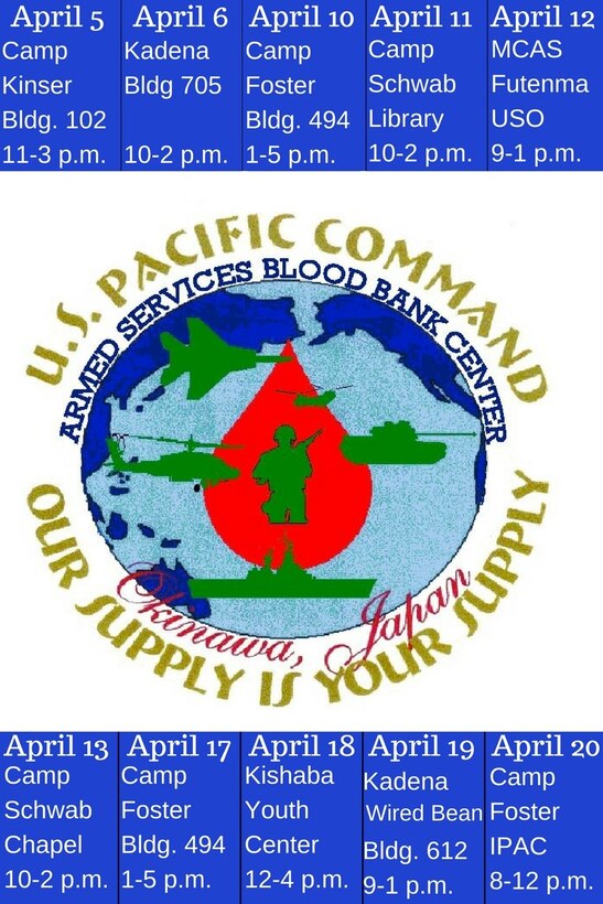 The U.S. Pacific Command Armed Services Blood Bank Center is hosting blood drives across Okinawa the first three weeks of April for this year’s Exercise Balikatan in the Philippines.