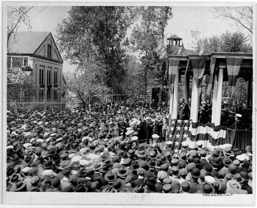 Navy Secretary Josephus Daniels delivers a speech in Leutze Park at the Naval Gun Factory in Washington, D.C., 1914, before America's entry into the war. Naval History and Heritage Command photo
