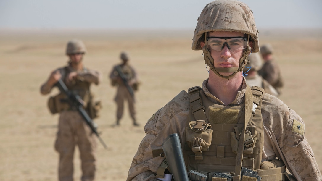 Marines with Combat Logistics Battalion 11, 11th Marine Expeditionary Unit (MEU), form a tactical column before a patrol while conducting live-fire fire and movement drills during a sustainment training exercise near Camp Beuhring, Kuwait, March 5. Fire and movement is a technique used to advance a unit down a battlefield; one element employs suppressing fires to deter enemies while other Marines advance toward the objective. The MEU is a flexible, sea-based, crisis response force able to resolve conflict, conduct humanitarian assistance, or combat enemies in remote, austere environments otherwise inaccessible. 