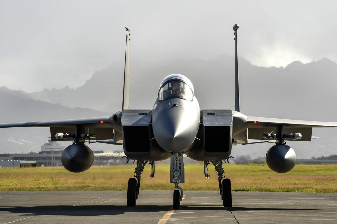 An F-15 taxis before a morning sortie as part of exercise Sentry Aloha 17-03 at Joint Base Pearl Harbor-Hickam, Hawaii, March 30, 2017. Air National Guard photo by Senior Master Sgt. Chris Drudge