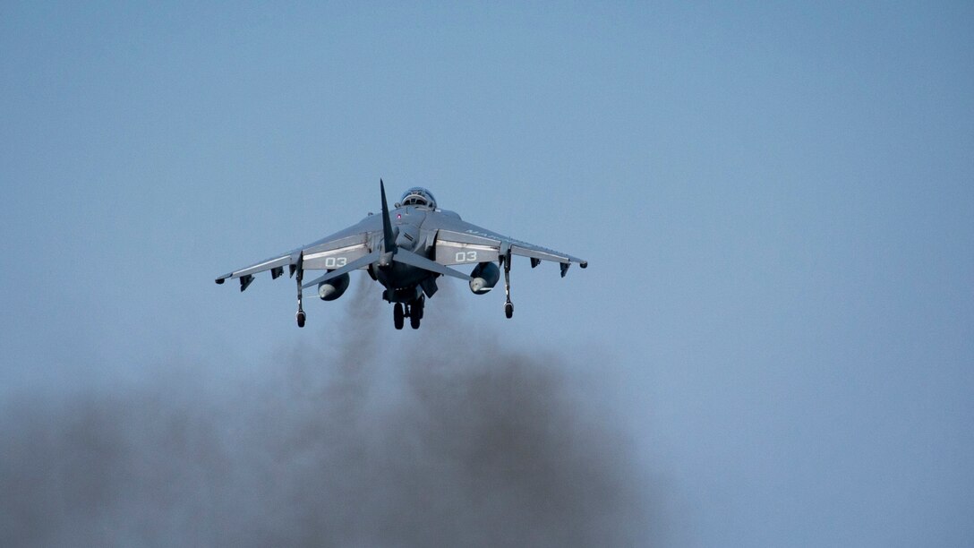 An AV-8B Harrier, assigned to the Tomcats of Marine Attack Squadron 311, takes off from the flight deck of the amphibious assault ship USS Bonhomme Richard, April 3, 2017. Bonhomme Richard, flagship of the Bonhomme Richard Expeditionary Strike Group, with embarked 31st Marine Expeditionary Unit, is on a routine patrol, operating in the Indo-Asia-Pacific region to enhance warfighting readiness and posture forward as a ready-response force for any type of contingency.