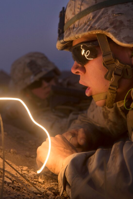 Marine Corps Pfc. Andrew J. Fennell detonates a blasting cap for an M18A1 Claymore Mine during demolition training as part of Talon Exercise 2-17, at Yuma, Arizona, March 30, 2017. Fennell is an Infantryman assigned to 2nd Battalion, 6th Marine Regiment. Marine Corps photo by Lance Cpl. Santino D. Martinez