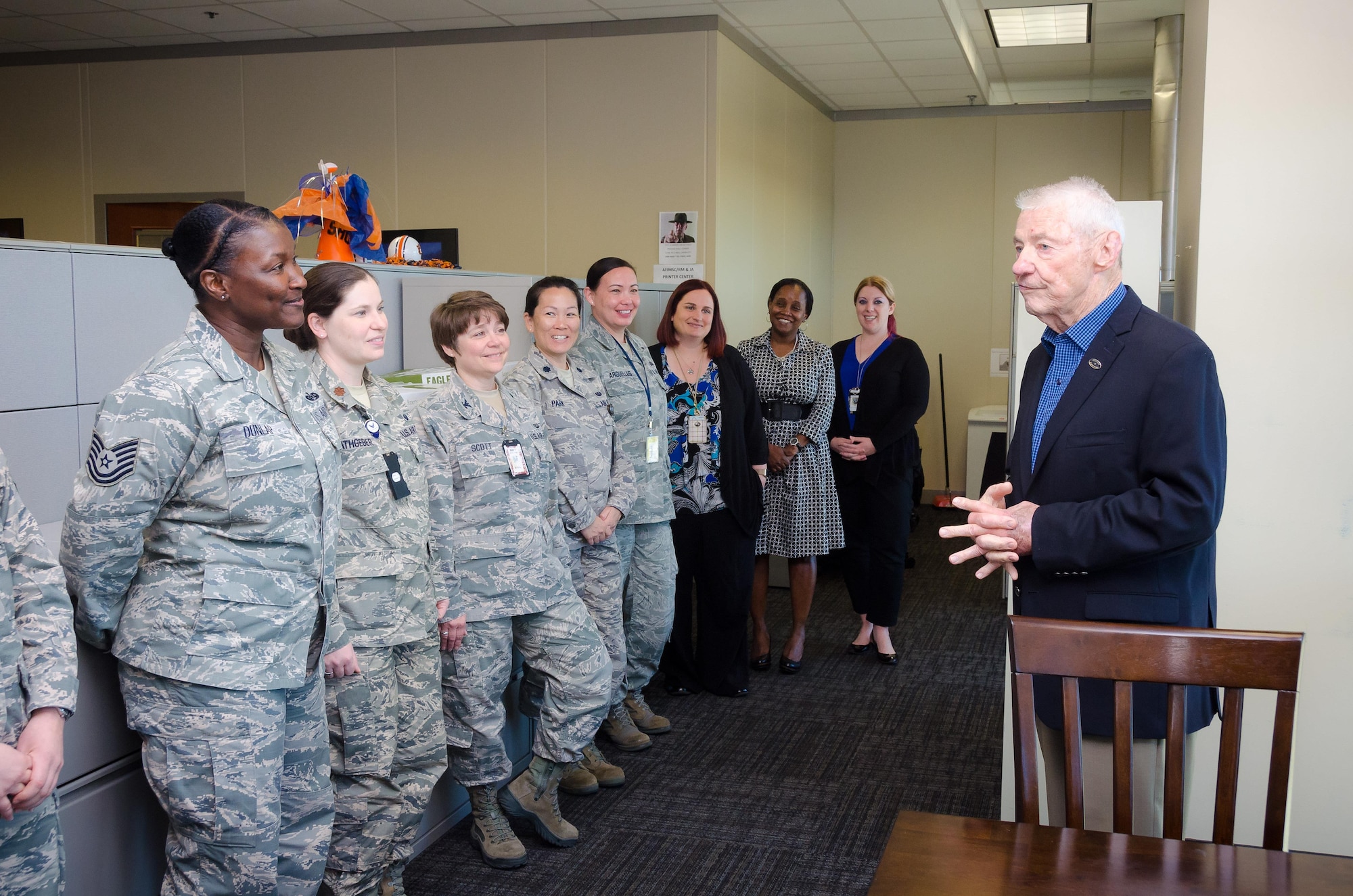 Retired Chief Master Sgt. Robert Gaylor visits with Airmen from the Air Force Installation and Mission Support Center at Joint Base San Antonio-Lackland, March 30, 2017. Gaylor was the fifth Chief Master Sergeant of the Air Force serving from 1977-1979. Now at age 86, Gaylor continues to visit Airmen across the Air Force. (U.S. Air Force photo by Malcolm McClendon)
