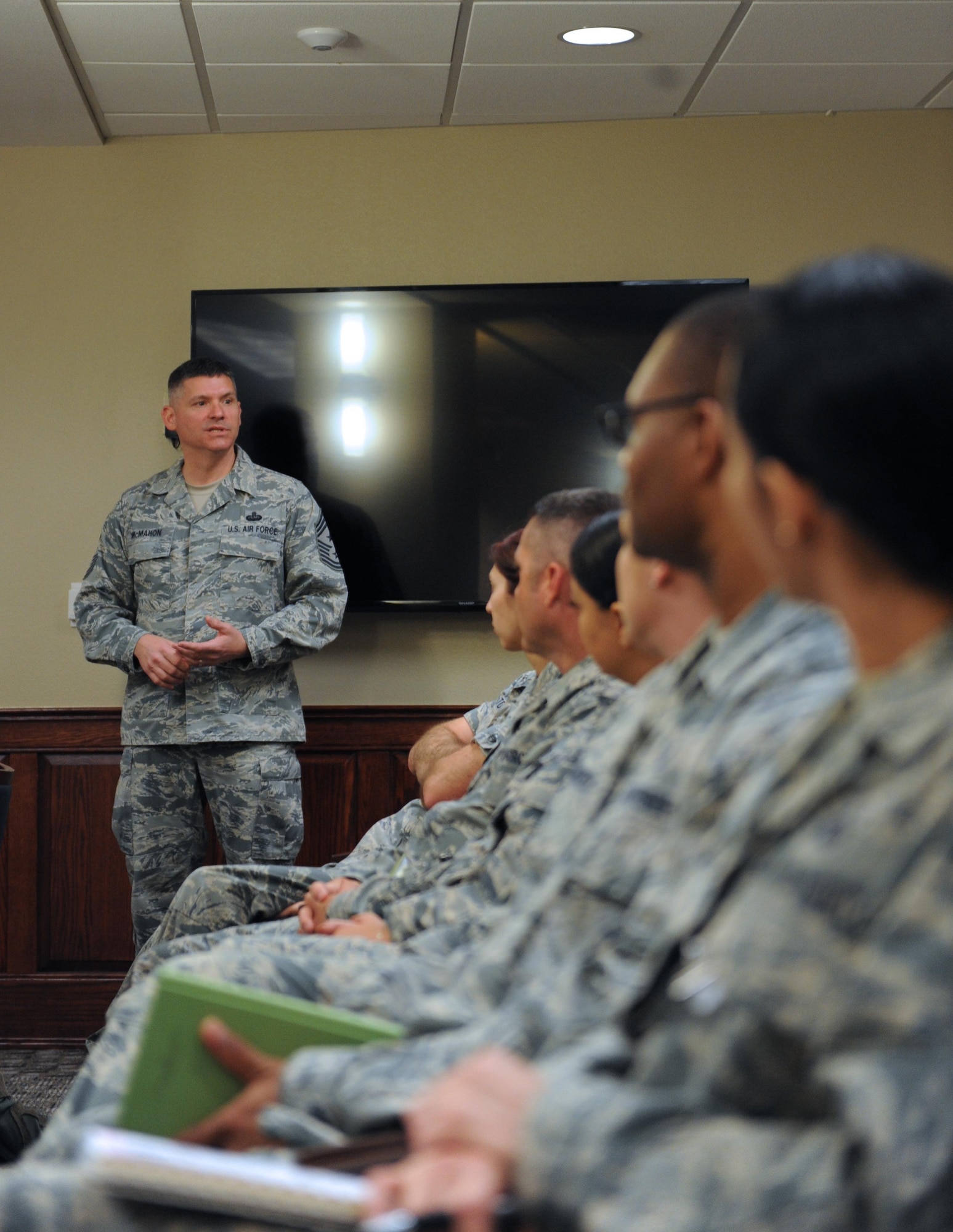 Chief Master Sgt. Patrick McMahon, U.S. Strategic Command (USSTRATCOM) senior enlisted leader, speaks with noncommissioned and senior noncommissioned officers at Headquarters Eighth Air Force, Barksdale Air Force Base, La., April 3, 2017. During the question and answer session, McMahon spoke on various topics, such as mission, professionalism, culture, leadership, and personal development. McMahon advises the USSTRATCOM commander on the health and welfare of the nation’s strategic deterrent forces. (U.S. Air Force photo by Senior Airman Erin Trower)