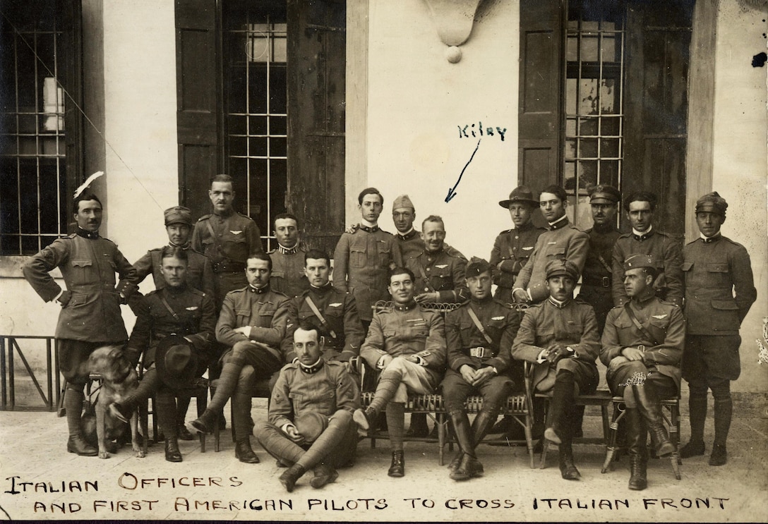 Army Air Service Lt. LeRoy Kiley poses for a photo with Italian officers. Kiley became one of the first American pilots to cross the Italian front during World War I, flying with Italian air force's 8th Squadron, 4th Group. Air Force photo