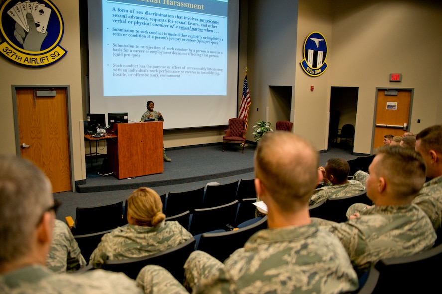 U.S. Air Force Reserve Master Sgt. Quenette Freeman, superintendent, 913th Airlift Group’s Equal Opportunity Office, conducts Human Relations Education training during the Unit Training Assembly (UTA) weekend April 1, 2017, at Little Rock Air Force Base, Ark. In order to maintain a constant state of readiness for deployments, training is a paramount part of Airmen’s UTA weekends. (U.S. Air Force photo by Master Sgt. Jeff Walston/Released)