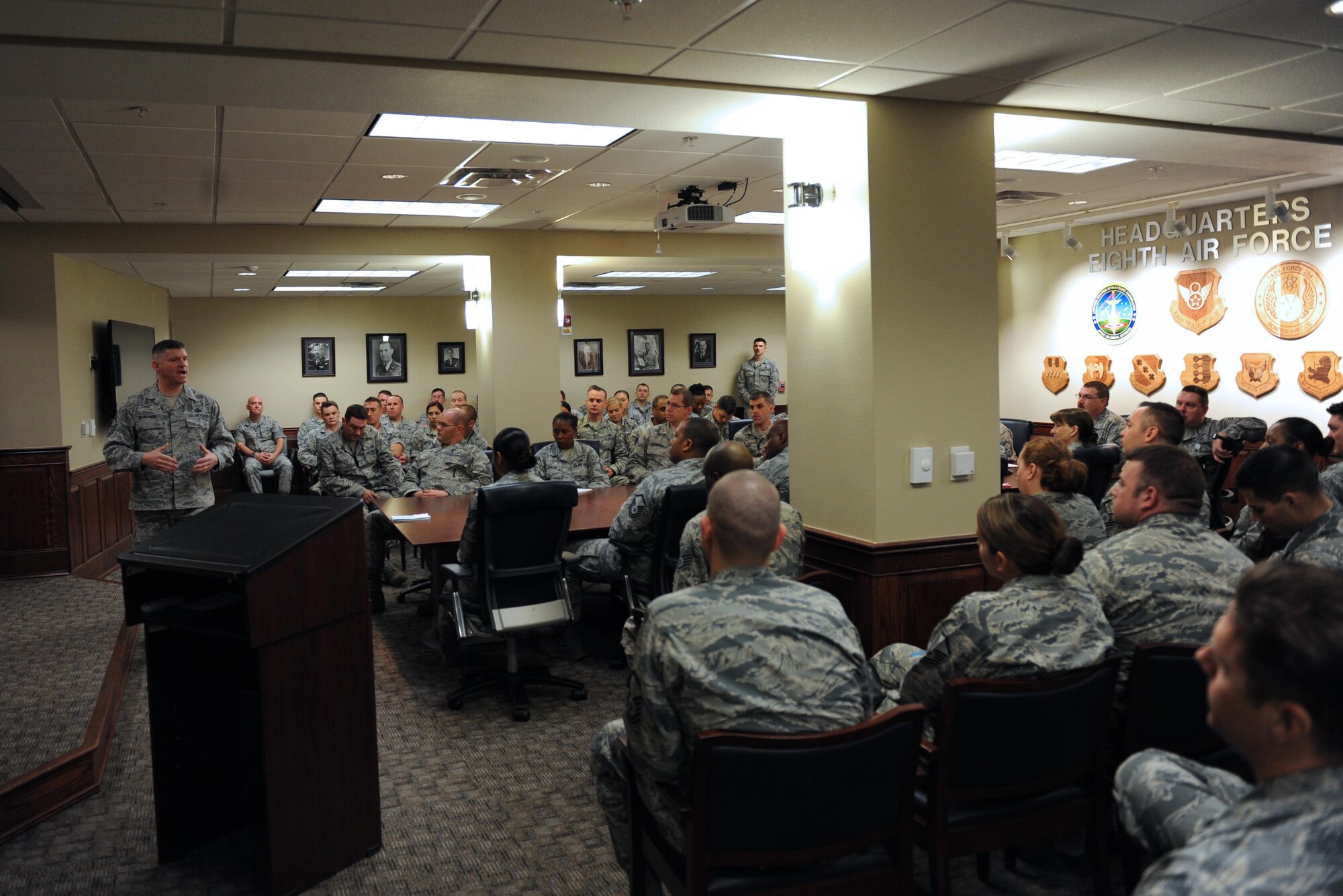 Chief Master Sgt. Patrick McMahon, U.S. Strategic Command senior enlisted leader, speaks to Headquarters Eighth Air Force members during a noncommissioned and senior noncommissioned all-call at Barksdale Air Force Base, La., April 3, 2017. McMahon’s visit allowed the Airmen to ask about various topics and areas of interest, such as morale, leadership, and professional and personal development. McMahon advises the USSTRATCOM commander of the health and welfare on the nation’s strategic deterrent forces. (U.S. Air Force photo by Senior Airman Erin Trower) 