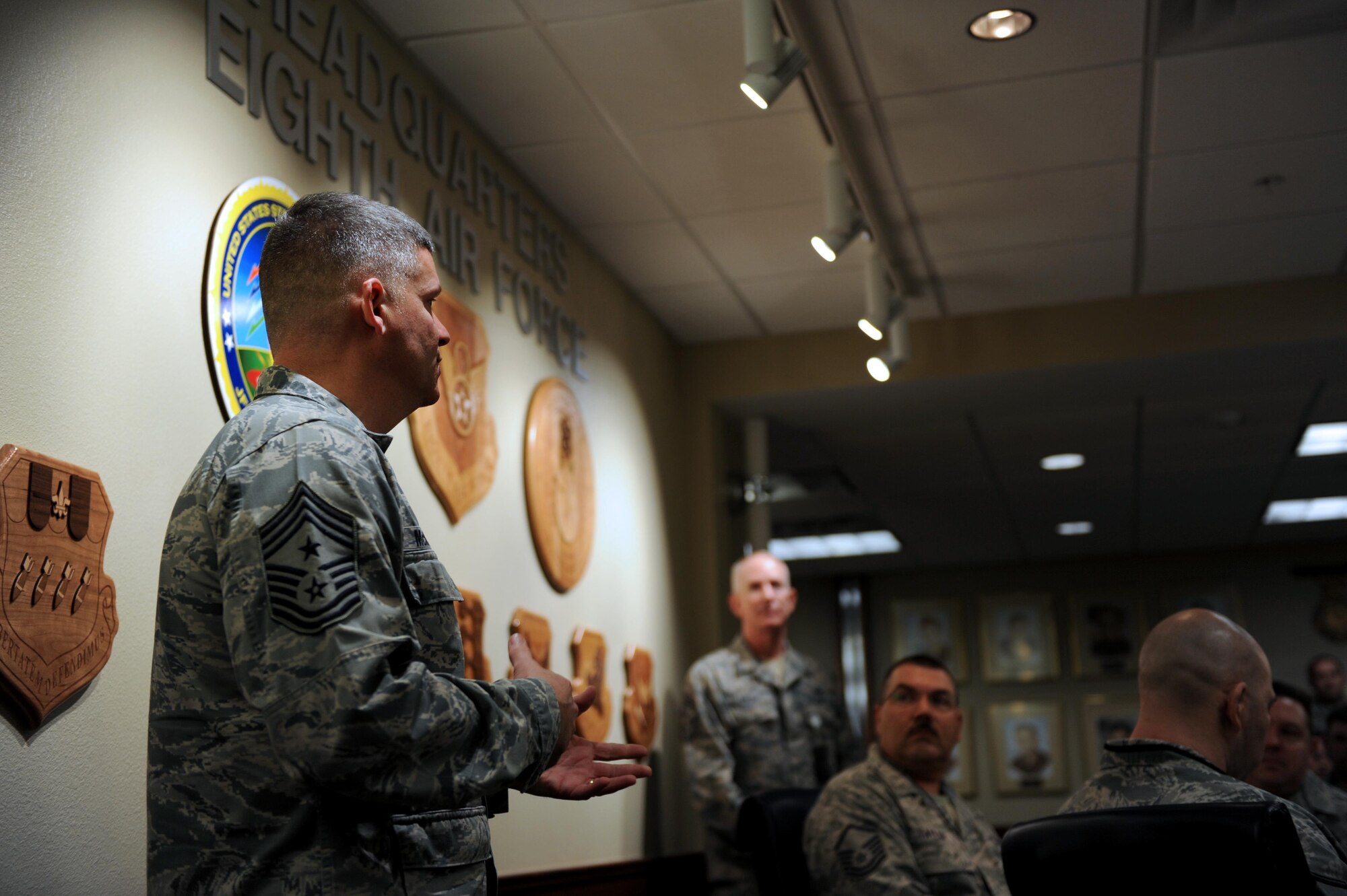 Chief Master Sgt. Patrick McMahon, U.S. Strategic Command (USSTRATCOM) senior enlisted leader, speaks with Headquarters Eighth Air Force Airmen during a noncommissioned and senior noncommissioned officer all-call at Barksdale Air Force Base, La., April 3, 2017. During the question and answer session, McMahon spoke on various topics, such as mission, professionalism, culture, leadership, and personal development. McMahon advises the USSTRATCOM commander on the health and welfare of the nation’s strategic deterrent forces. (U.S. Air Force photo by Senior Airman Erin Trower) 