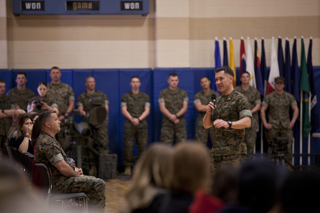 U.S. Marine Corps Lt. Col. Brett T. McGinley, commanding officer of Infantry Training Battalion, School of Infantry-East, addresses guests during the Bravo Company graduation aboard Camp Geiger, N.C., March 23, 2017. Lt. Col. McGinley spoke to the friends and families of the Marines who graduated that day. (U.S. Marine Corps photo by Cpl. Laura Mercado)