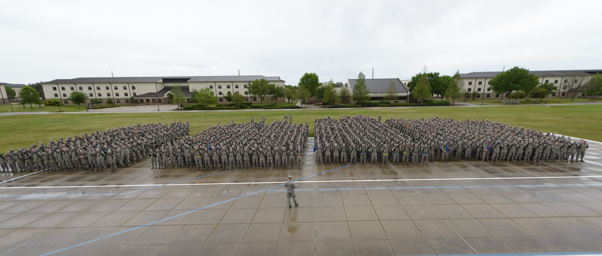 Col. Scott Solomon, 81st Training Group commander, speaks to training group students during the final formation at the Levitow Training Support Facility, Mar. 30, 2017, on Keesler Air Force Base, Miss. The formation showed the Airmen’s esprit de corps for the 81st Training Wing honorary commanders who toured the 81st TRG.  (U.S. Air Force photo by Andre’ Askew)