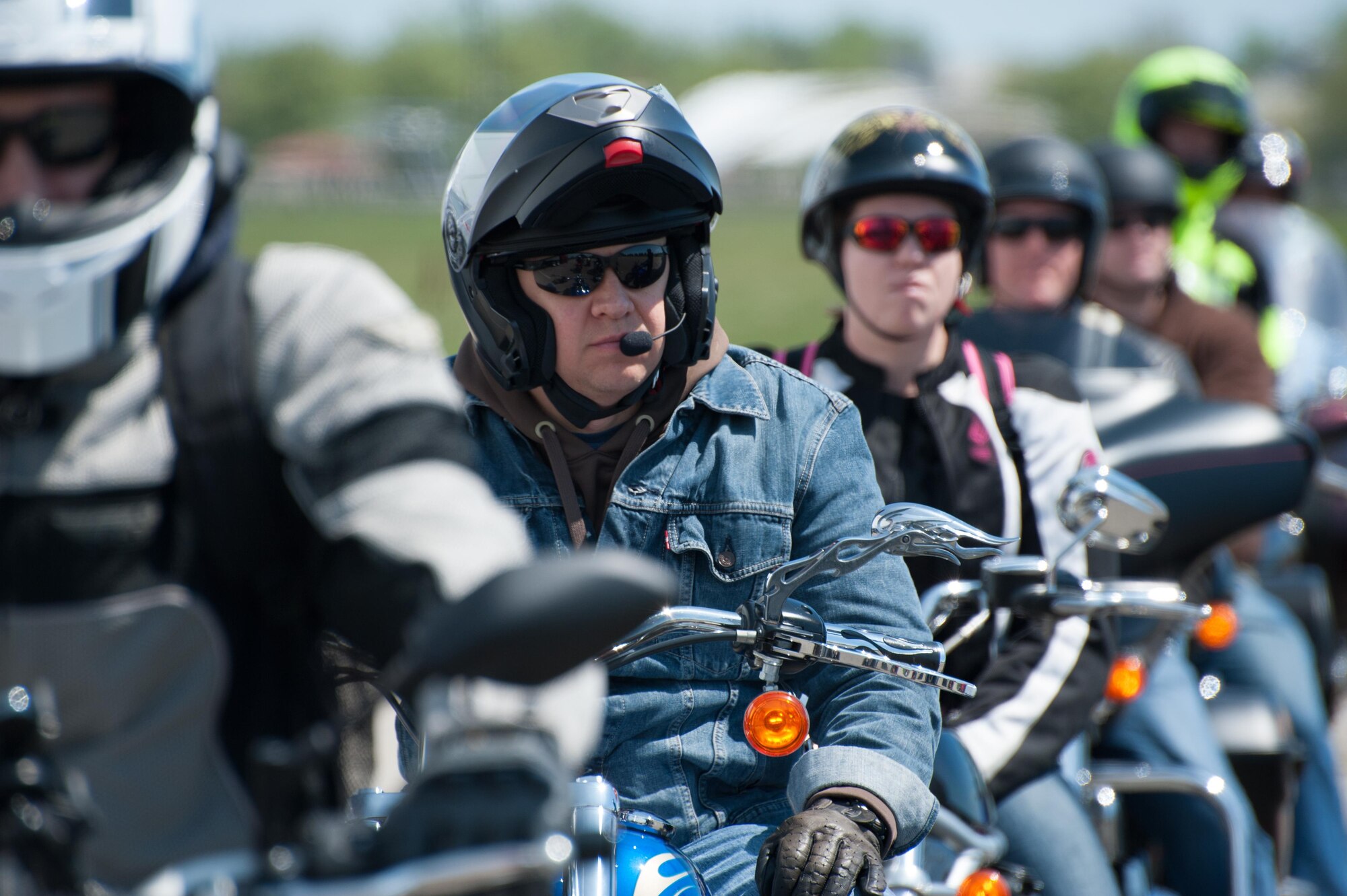 Riders line up for a 35-mile group ride from the grounds of the National Museum of the United States Air Force as part of Wright-Patterson Motorcycle Safety Day May 6, 2016. (U.S. Air Force photo/John Harrington)