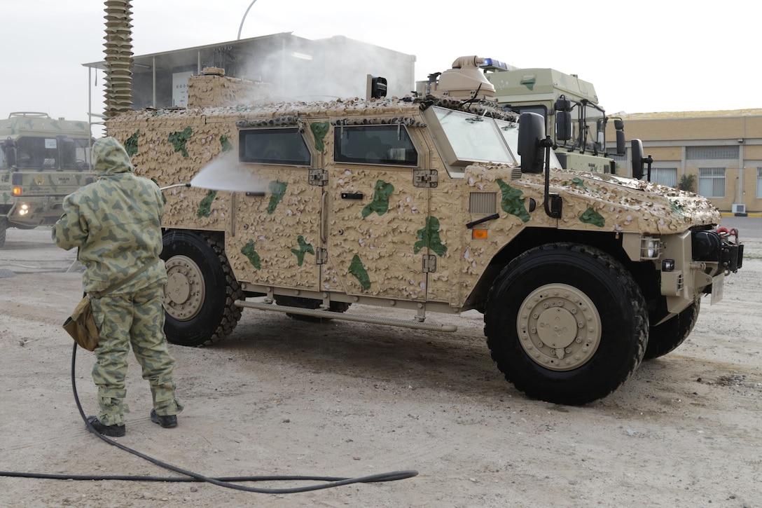 Civilian and military personnel from Kuwait, Qatar, Saudi Arabia and the U.S. conduct chemical, biological, radiological, and nuclear simulation training as part of exercise Eagle Resolve, March 30, 2017, in Kuwait. The exercise tests participant's ability to respond as a combined joint task force. Exercise Eagle Resolve is the premier U.S. multilateral exercise within the Arabian Peninsula. Since 1999, Eagle Resolve has become the leading engagement between the U.S. and Gulf Cooperation Council nations to collectively address the regional challenges associated with asymmetric warfare in a low-risk setting. (Photo by Army Sgt. Marco Gutierrez)