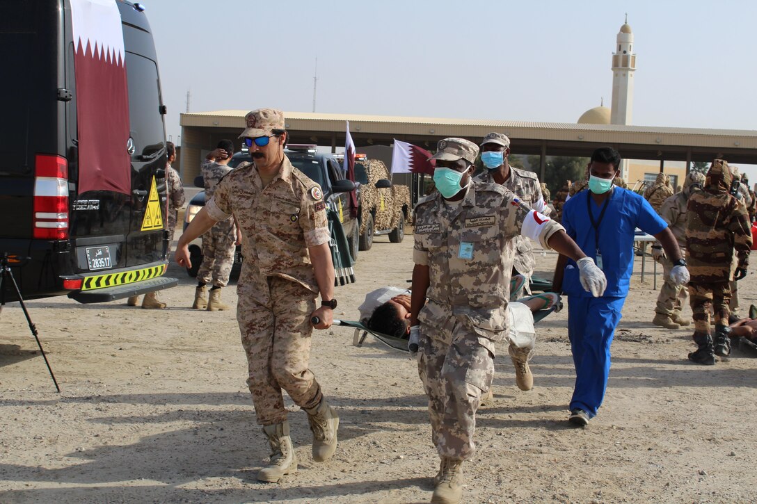 Civilian and military personnel from Gulf Cooperation Council nations and the U.S. conduct chemical, biological, radiological, and nuclear response training as part of exercise Eagle Resolve 17, April 02, 2017, in Kuwait. In this hypothetical scenario, munitions loaded with a mustard gas chemical agent landed near a mosque resulting in 5-10 casualties. After detecting and identifying the chemical agent, response personnel deployed, triaged, evacuated and treated casualties, and secured the area. The exercise tests participant's ability to respond as a combined joint task force. Exercise Eagle Resolve is the premier U.S. multilateral exercise within the Arabian Peninsula. Since 1999, Eagle Resolve has become the leading engagement between the U.S. and Gulf Cooperation Council nations to collectively address the regional challenges associated with asymmetric warfare in a low-risk setting. (Photo by U.S. Army Staff Sgt. Francis O’Brien)