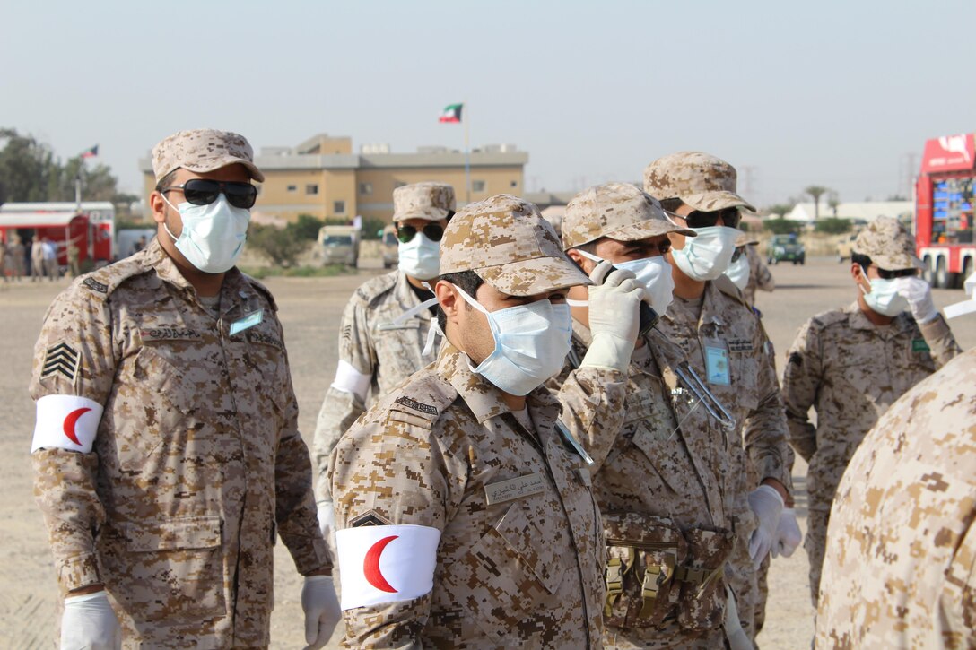 Civilian and military personnel from Gulf Cooperation Council nations and the U.S. conduct chemical, biological, radiological, and nuclear response training as part of exercise Eagle Resolve 17, April 02, 2017, in Kuwait. In this hypothetical scenario, munitions loaded with a mustard gas chemical agent landed near a mosque resulting in 5-10 casualties. After detecting and identifying the chemical agent, response personnel deployed, triaged, evacuated and treated casualties, and secured the area. The exercise tests participant's ability to respond as a combined joint task force. Exercise Eagle Resolve is the premier U.S. multilateral exercise within the Arabian Peninsula. Since 1999, Eagle Resolve has become the leading engagement between the U.S. and Gulf Cooperation Council nations to collectively address the regional challenges associated with asymmetric warfare in a low-risk setting. (Photo by U.S. Army Staff Sgt. Francis O’Brien)