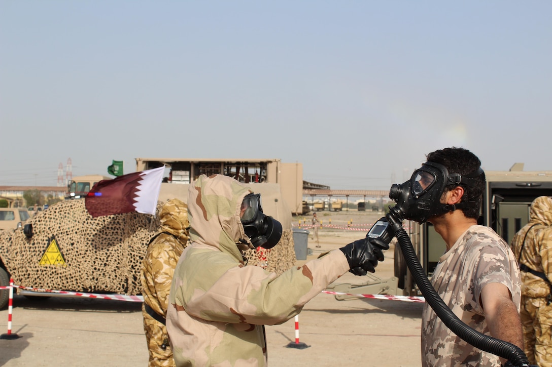 Civilian and military personnel from Gulf Cooperation Council nations and the U.S. conduct chemical, biological, radiological, and nuclear response training as part of exercise Eagle Resolve 17, April 02, 2017, in Kuwait. In this hypothetical scenario, munitions loaded with a mustard gas chemical agent landed near a mosque resulting in 5-10 casualties. After detecting and identifying the chemical agent, response personnel deployed, triaged, evacuated and treated casualties, and secured the area. The exercise tests participant's ability to respond as a combined joint task force. Exercise Eagle Resolve is the premier U.S. multilateral exercise within the Arabian Peninsula. Since 1999, Eagle Resolve has become the leading engagement between the U.S. and Gulf Cooperation Council nations to collectively address the regional challenges associated with asymmetric warfare in a low-risk setting. (Photo by U.S. Army Staff Sgt. Francis O’Brien)