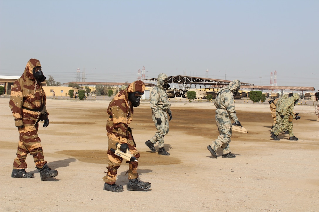 Civilian and military personnel from Gulf Cooperation Council nations and the U.S. conduct chemical, biological, radiological, and nuclear response training as part of exercise Eagle Resolve 17, April 02, 2017, in Kuwait. In this hypothetical scenario, munitions loaded with a mustard gas chemical agent landed near a mosque resulting in 5-10 casualties. After detecting and identifying the chemical agent, response personnel deployed, triaged, evacuated and treated casualties, and secured the area. The exercise tests participant's ability to respond as a combined joint task force. Exercise Eagle Resolve is the premier U.S. multilateral exercise within the Arabian Peninsula. Since 1999, Eagle Resolve has become the leading engagement between the U.S. and Gulf Cooperation Council nations to collectively address the regional challenges associated with asymmetric warfare in a low-risk setting. (Photo by U.S. Army Staff Sgt. Francis O’Brien)