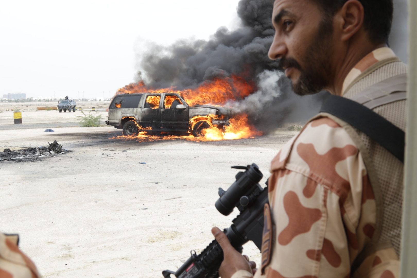 Civilian and military personnel from Kuwait, Qatar, Saudi Arabia and the U.S. conduct counterterrorism drills, search and rescue operations and responded to a mock vehicle explosion as part of exercise Eagle Resolve 2017, March 28, 2017, in Kuwait. The training exercises participant’s ability to respond as a combined joint task force headquarters staff. Exercise Eagle Resolve is the premier U.S. multilateral exercise within the Arabian Peninsula. Since 1999, Eagle Resolve has become the leading engagement between the U.S. and Gulf Cooperation Council nations to collectively address the regional challenges associated with asymmetric warfare in a low-risk setting.
