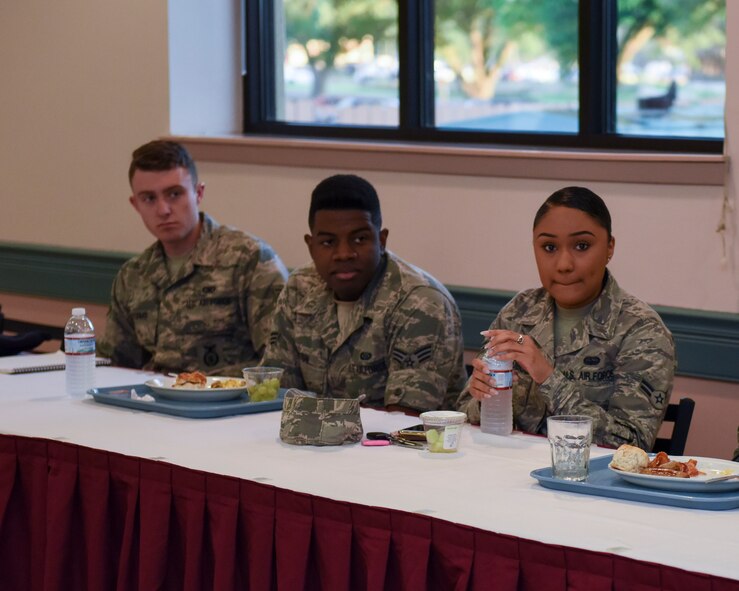 Airmen of the 2nd Bomb Wing have breakfast with wing leadership to discuss solutions around base at Barksdale Air Force Base, La., April 4, 2017. During breakfast, the Airmen learned about upcoming plans for the base and made suggestions for the future of Barksdale. (U.S. Air Force photo/Airman 1st Class Stuart Bright)