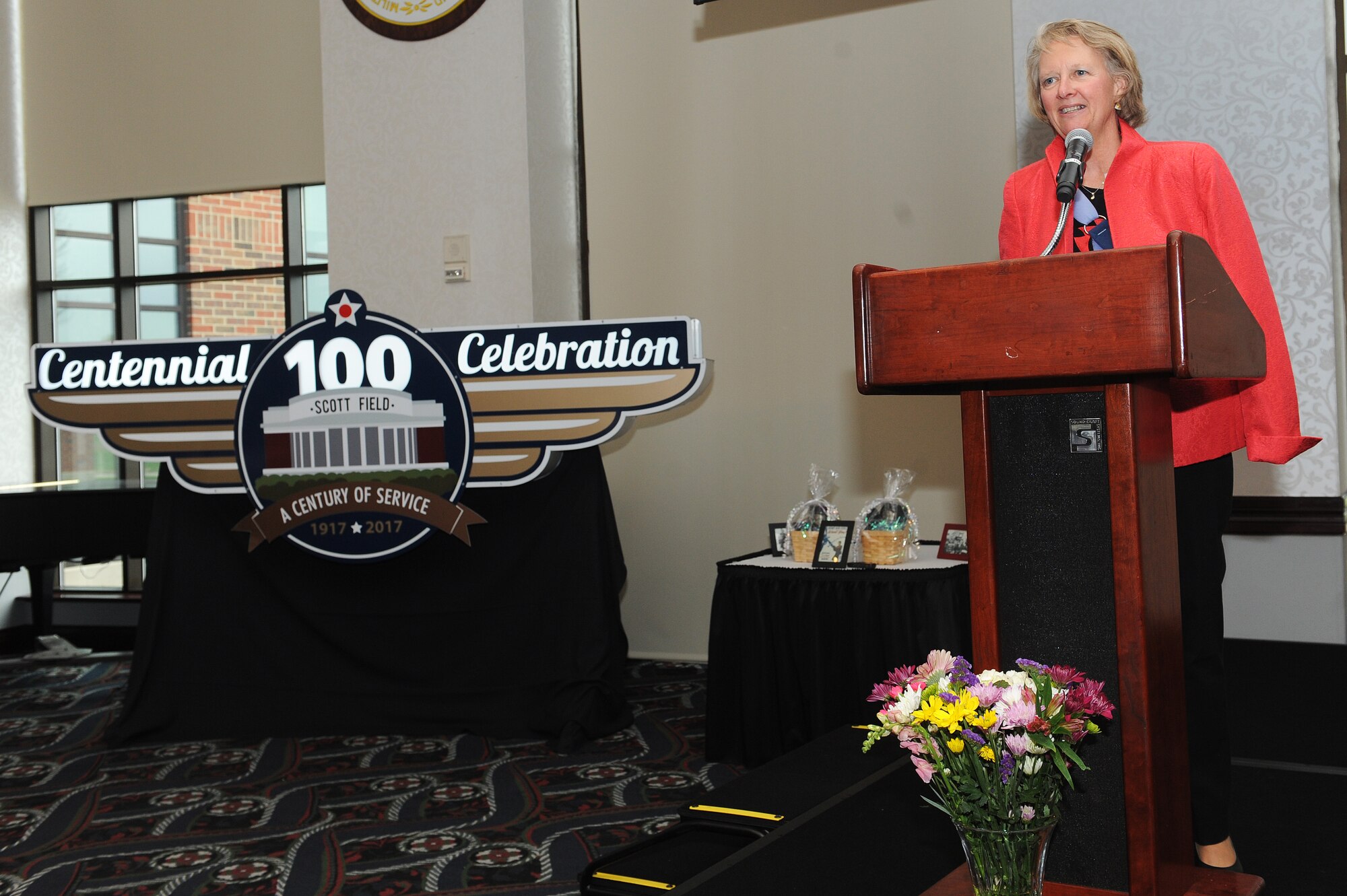 Maj. Gen. Barbara Faulkenberry (ret.), fomer 18th Air Force vice commander, talks about barriers women in the military have had to overcome, March 29, during a women's history month luncheon at Scott Air Force Base. The event was to honor trailblazing women in the military. (U.S. Air Force photo by Tech. Sgt. Maria Castle)