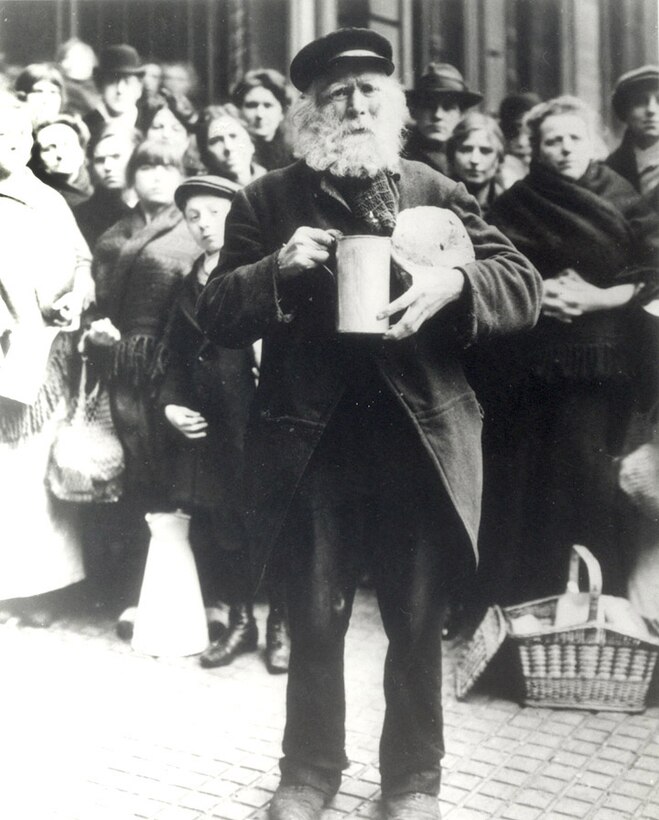 A street scene in Europe. Through the efforts of Herbert Hoover, who led the U.S. Food Administration, and the Commission for the Relief of Belgium, more than nine million people a day in Belgium and northern France received food. National Archives photo