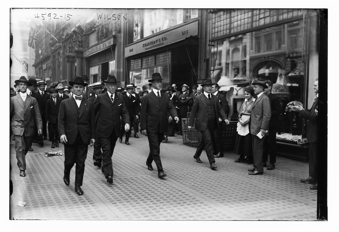 President Woodrow Wilson marches in a Red Cross parade on Fifth Avenue in New York City, May 18, 1918. Library of Congress photo