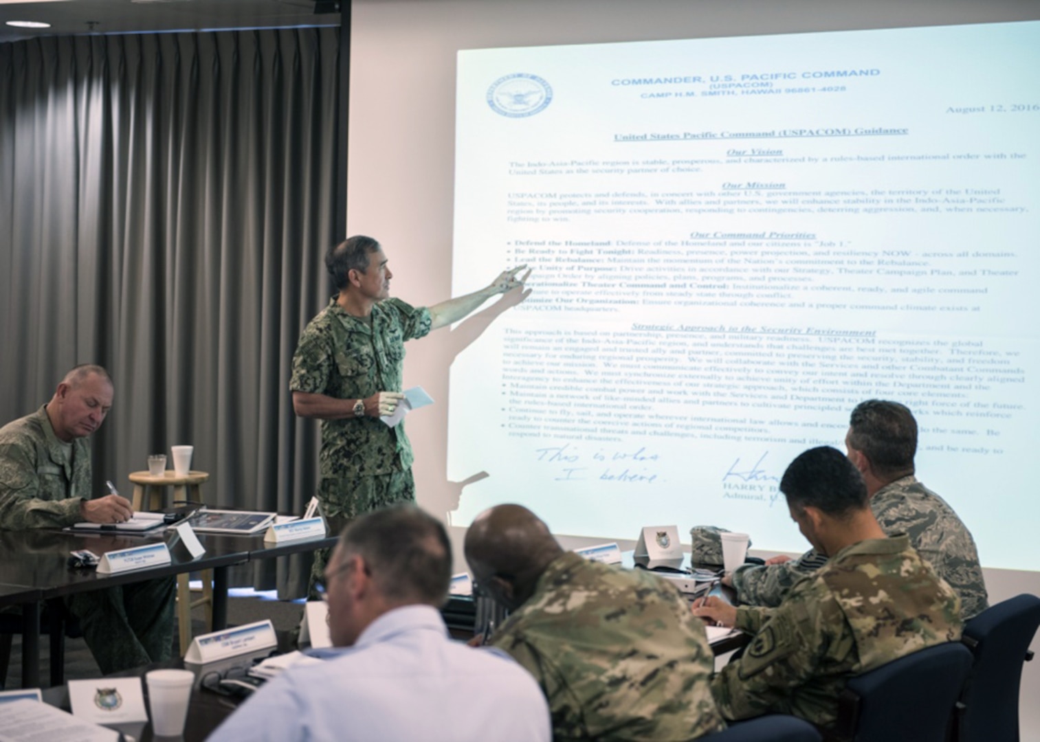 Adm. Harry B. Harris, commander of U.S. Pacific Command (PACOM), explains his command priorities at the Senior Enlisted Leader (SEL) Symposium at the PACOM headquarters, March 30, 2017. The symposium is a two-day event in which PACOM component SELs discuss various enlisted leadership development programs. 