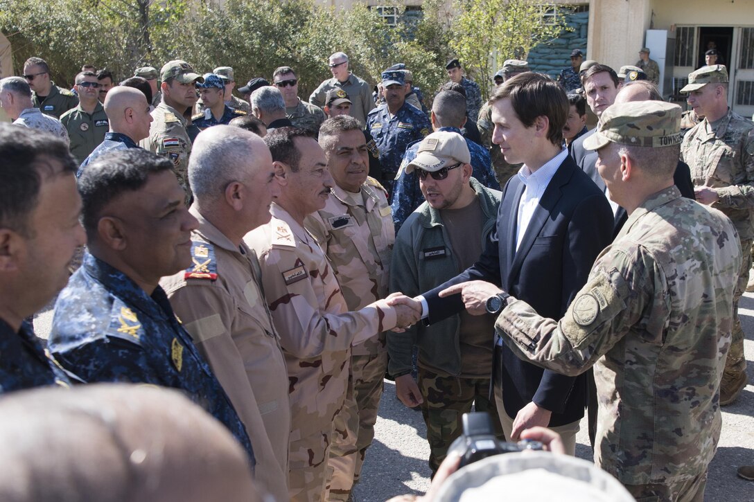 Army Lt. Gen. Stephen J. Townsend, commander of Combined Joint Task Force Operation Inherent Resolve, introduces Jared Kushner, the senior advisor to President Donald J. Trump, to Iraqi generals leading the fight against the Islamic State of Iraq and Syria in Mosul at Hamam al-Alil, a tactical assembly area about 10 miles from Mosul, April 4, 2017. DoD photo by Navy Petty Officer 2nd Class Dominique A. Pineiro