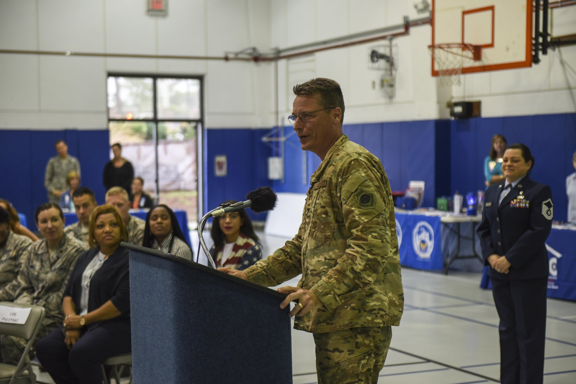 Col. Thomas Palenske, the commander of the 1st Special Operations Wing, gives remarks during a proclamation signing ceremony at the Youth Center, Hurlburt Field, Fla., April 3, 2017. Palenske and his wife, Jeryn, both signed proclamations for Month of the Military Child and Child Abuse Prevention. (U.S. Air Force photo by Senior Airman Jeff Parkinson)