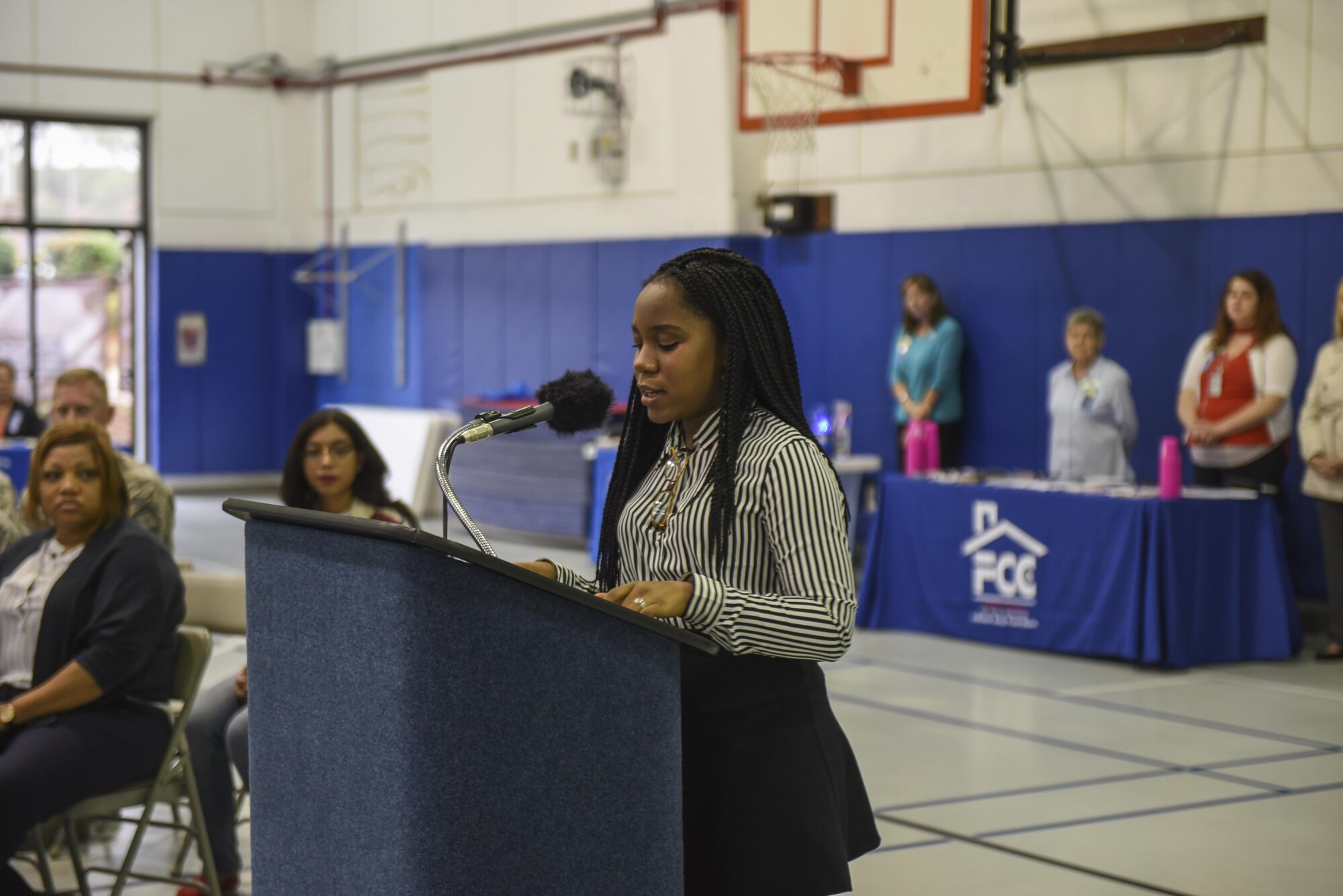 Amaya Edwards, the Youth Center’s Youth of the Year, reads the Month of the Military Child and Child Abuse Prevention Month proclamations during a ceremony at the Youth Center, Hurlburt Field, Fla., April 3, 2017. Child Abuse Prevention Month is an annual observance in the U.S. dedicated to raising awareness and preventing child abuse. April has been designated Child Abuse Prevention Month in the United States since 1983. (U.S. Air Force photo by Senior Airman Jeff Parkinson)