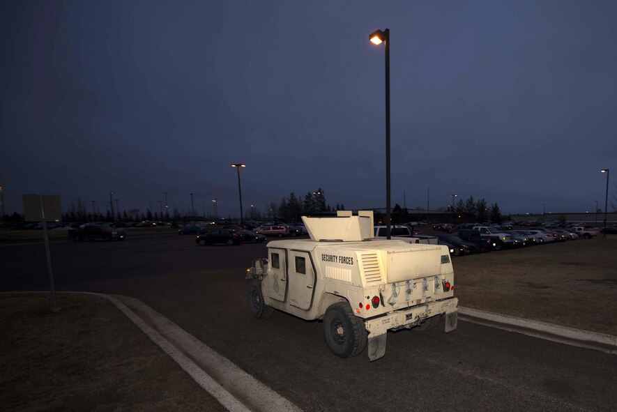 A Humvee departs the 91st Security Support Squadron’s vehicle building at Minot Air Force Base, N.D., Mar. 28, 2017. 91 SSPTS stores vehicles for the 91st Security Forces Group and the 5th Security Forces Squadron. (U.S. Air Force photo/Airman 1st Class Austin M. Thomas)