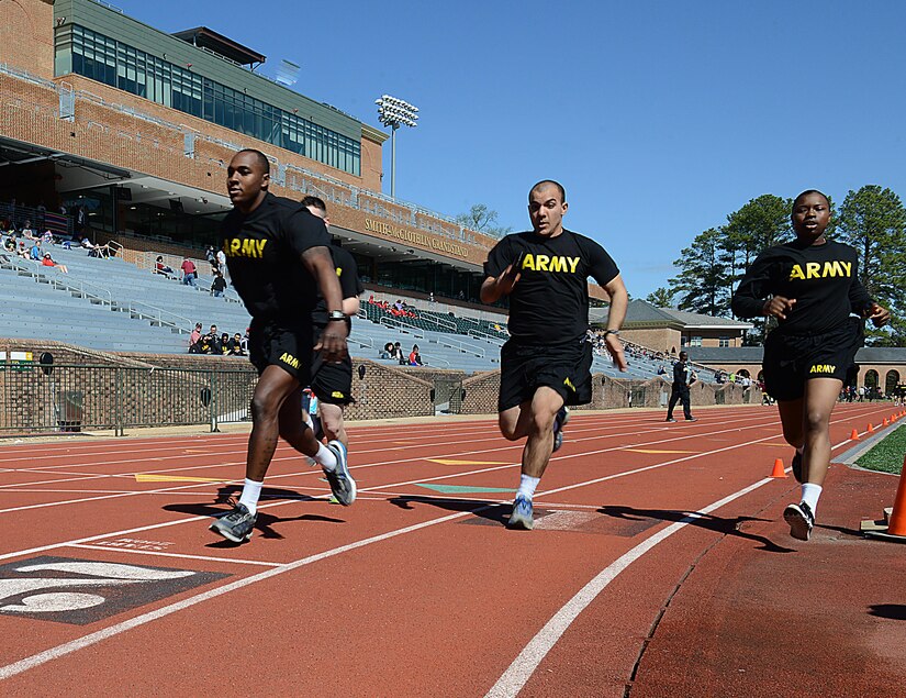 U.S. Army Soldiers assigned to Echo Company, 266th Quartermaster Battalion, 23rd Quartermaster Brigade, participate during a track and field meet at the College of William and Mary in Williamsburg, Va., April 1, 2017. The Advanced Individual Training students volunteered to support the event, helping at various stations and performing in the exhibition race. (U.S. Air Force photo/Staff Sgt. Teresa J. Cleveland)