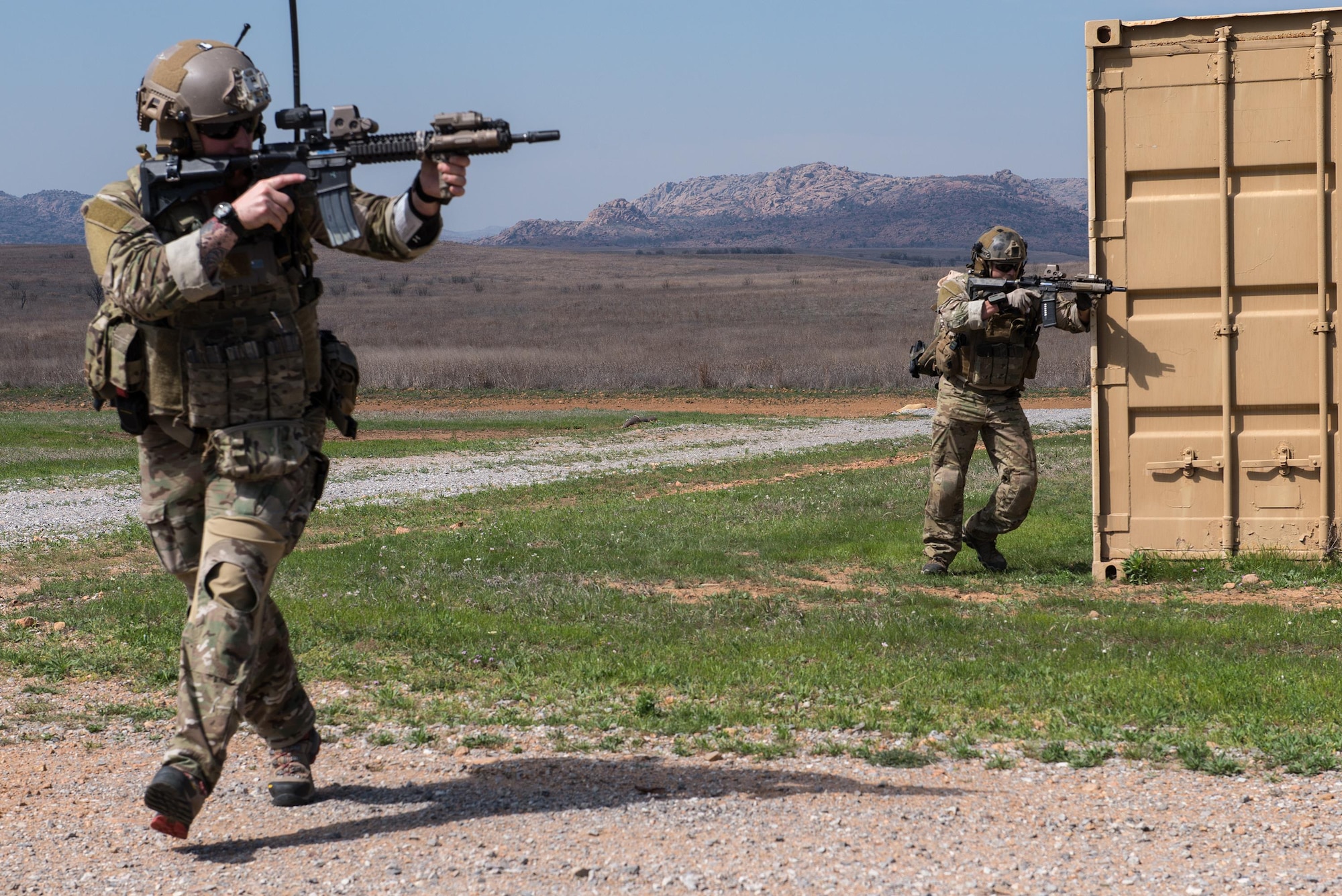 Special Tactics Airmen from the 123rd Special Tactics Squadron, Kentucky Air National Guard, maneuver through multiple training scenarios at Falcon Bombing Range, Fort Sill, Okla., March 22, 2017. The 137th Air Support Element from the 137th Special Operations Wing, Oklahoma City, coordinated a joint training event with the 123rd Special Tactics Squadron, Kentucky Air National Guard, Air Force Reserve F-16 Fighting Falcons from the 301st Fighter Wing and T-38 Talons from the 88th Fighter Training Squadron, Sheppard Air Force Base, March 20-23, 2017. (U.S. Air National Guard photo by Senior Master Sgt. Andrew M. LaMoreaux/Released)
