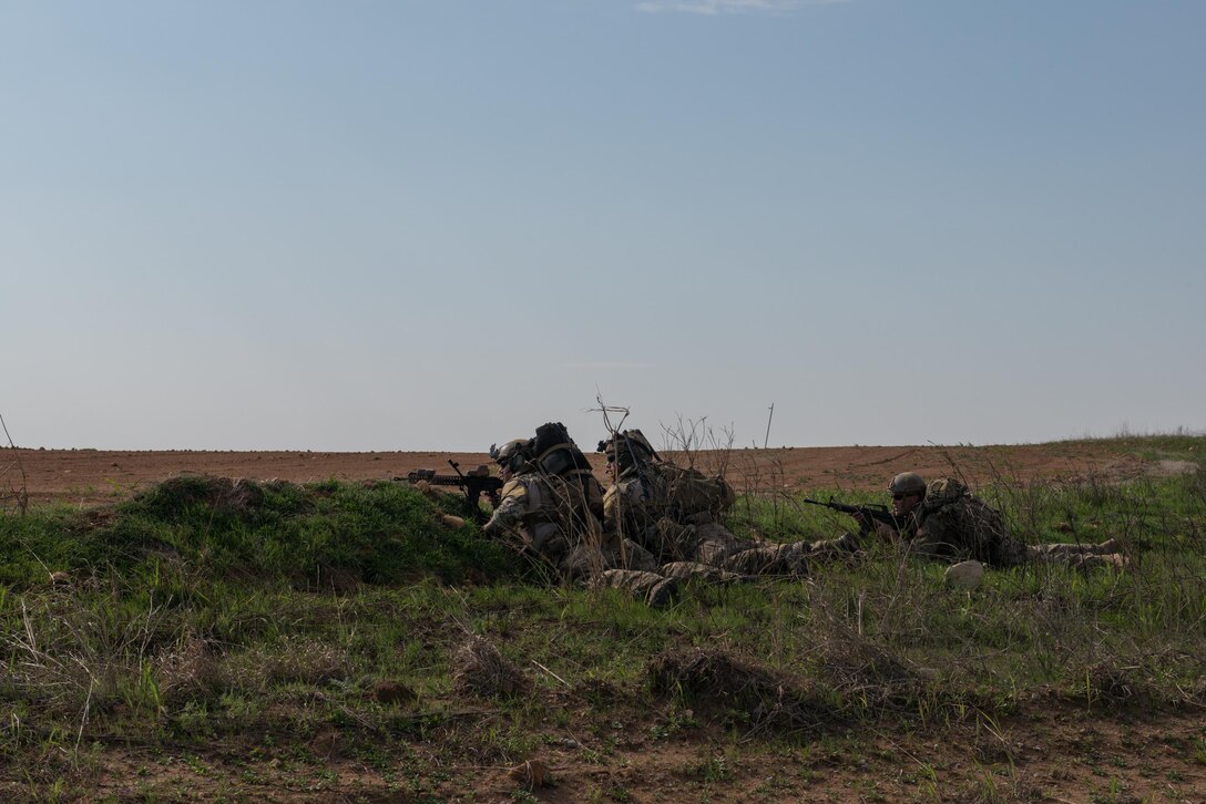 Special Tactics Airmen from the 123rd Special Tactics Squadron, Kentucky Air National Guard, maneuver through multiple training scenarios at Falcon Bombing Range, Fort Sill, Okla., March 22, 2017. The 137th Air Support Element from the 137th Special Operations Wing, Oklahoma City, coordinated a joint training event with the 123rd Special Tactics Squadron, Kentucky Air National Guard, Air Force Reserve F-16 Fighting Falcons from the 301st Fighter Wing and T-38 Talons from the 88th Fighter Training Squadron, Sheppard Air Force Base, March 20-23, 2017. (U.S. Air National Guard photo by Senior Master Sgt. Andrew M. LaMoreaux/Released)