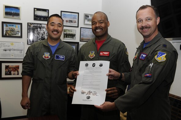 The 6th Attack Squadron commander (left), 29th Attack Squadron commander, and 9th Attack Squadron commander, display the Reaper Armistice Agreement after they signed the document March 31, 2017, at Holloman Air Force Base, N.M. The Reaper Armistice Agreement is an esprit de corps arrangement between the three squadrons that marks the neutral time when the capture of non-mission essential belongings from a different attack squadron, in the name of competitive spirit, isn’t allowed at Holloman AFB. (U.S. Air Force photo by Master Sgt. Matthew McGovern)