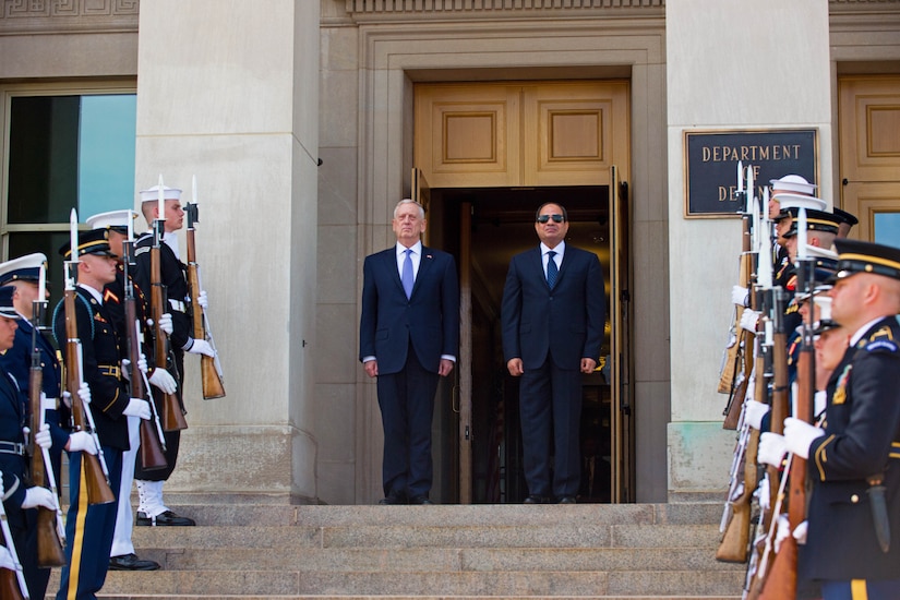 Defense Secretary Jim Mattis participates in an honor cordon welcoming Egyptian President Abdel-Fattah al-Sissi to the Pentagon, April 5, 2017. DoD photo by Army Sgt. Amber I. Smith