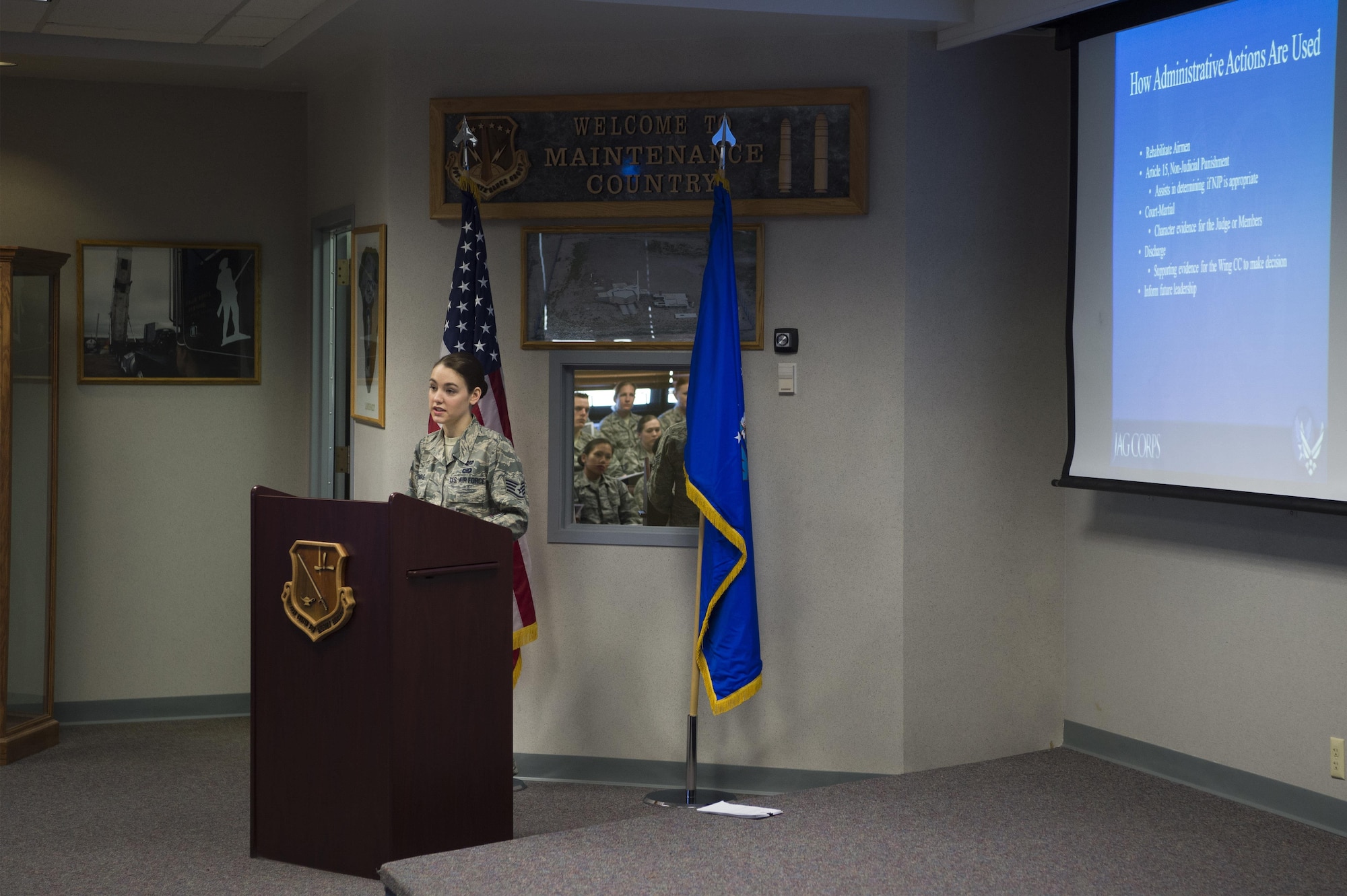 Staff Sgt. Jessica Thomas, 90th Missile Wing legal NCO in charge of military justice, leads a Military Justice 101: Administrative Paperwork class at F.E. Warren Air Force Base, Wyo., April 5, 2017. More than 50 military members attended the class to discover the ins and outs of progressive discipline and writing effective administrative actions. (U.S. Air Force photo by Staff Sgt. Christopher Ruano)