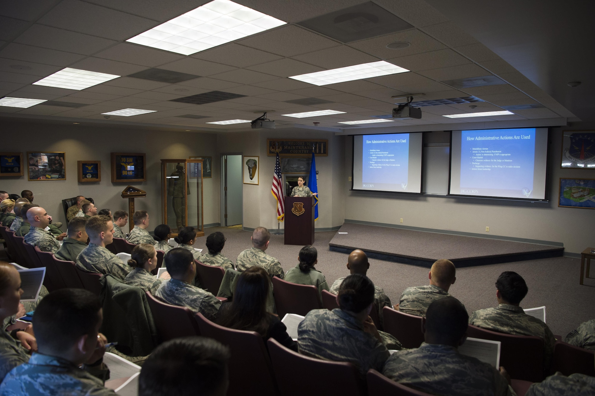 Staff Sgt. Jessica Thomas, 90th Missile Wing legal NCO in charge of military justice, leads a Military Justice 101: Administrative Paperwork class at F.E. Warren Air Force Base, Wyo., April 5, 2017. This was the second class the legal office offered due to the high demand by local supervisors and Airmen. (U.S. Air Force photo by Staff Sgt. Christopher Ruano)