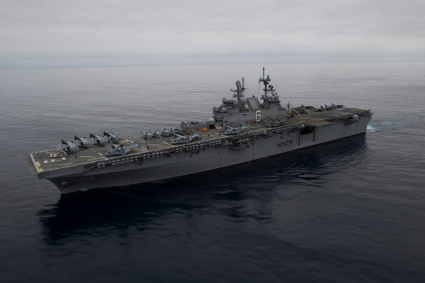 Amphibious assault ship USS America (LHA 6) transits off the coast of Southern California while conducting flight operations, April 3, 2017. America is currently underway with more than 1,000 Sailors and 1,600 embarked Marines conducting Amphibious Squadron/Marine Expeditionary Unit Integration operations in preparation for the ship’s maiden deployment later this year.