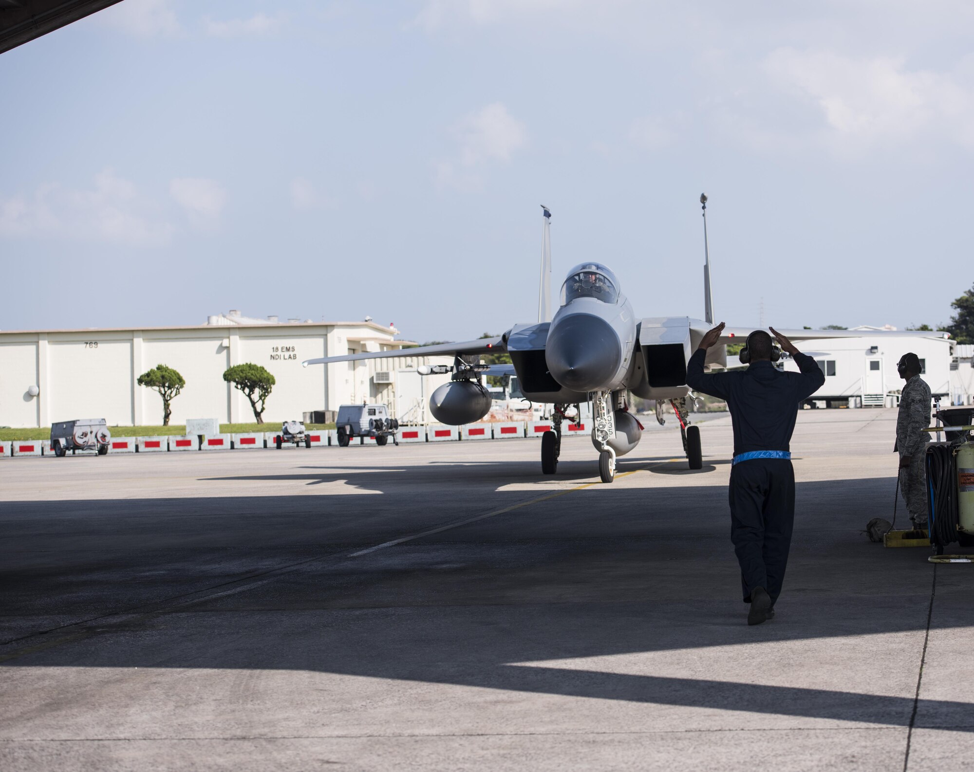 An U.S. Air Force F-15 Eagle from the 44th Fighter Squadron arrives from Cope Tiger 2017, April 3, 2017, at Kadena Air Base, Japan. Cope Tiger 2017 is an annual multilateral exercise aimed at improving combined combat readiness and interoperability between the Republic of Singapore Air Force, Royal Thai Air Force, and U.S. Air Force. (U.S. Air Force photo by Senior Airman Omari Bernard/Released)
