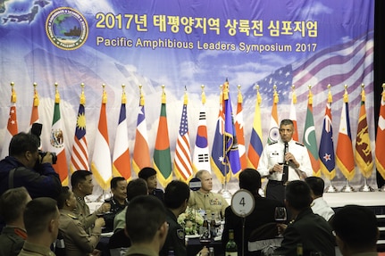 Gen. Vincent K. Brooks, United Nations Commander, Combined Forces Commander, and United States Forces Korea commander; Gen. Leem Ho Young, Combined Forces Command deputy commander; and Gen. Lee Sun-jin, Gen. Lee, Sun-Jin, Chairman of the Republic of Korea Joint Chiefs of Staff, attended the Pacific Amphibious Leaders Symposium (PALS) welcome dinner in Seongnam, South Korea, Apr. 1, 2017. PALS brings together senior leaders of allied and partner nations throughout the Indo-Asia-Pacific region to focus on maritime/amphibious operations interoperability. PALS 2017 is being hosted by the ROK Marine Corps, and is the first iteration to be hosted outside of the United States. U.S. Army photo by SFC Sean K. Harp