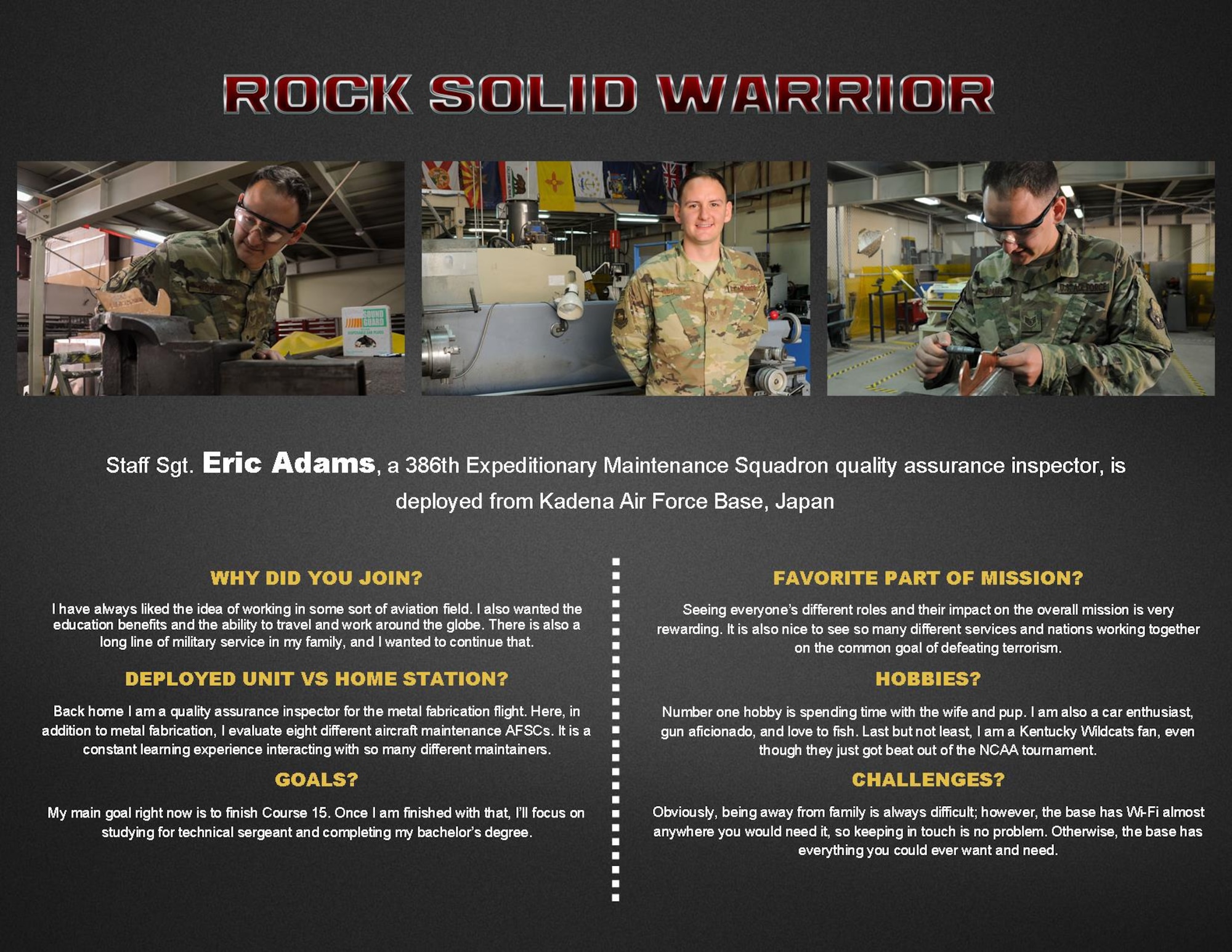 This week’s Rock Solid Warrior is Staff Sgt. Eric Adams, a 386th Expeditionary Maintenance Squadron quality assurance inspector. He is deployed from KadenaAirBase, Japan. The Rock Solid Warrior program is a way to recognize and spotlight the Airmen of the 386th Air Expeditionary Wing for their positive impact and commitment to the mission. (U.S. Air Force graphic/Staff Sgt. Andrew Park)