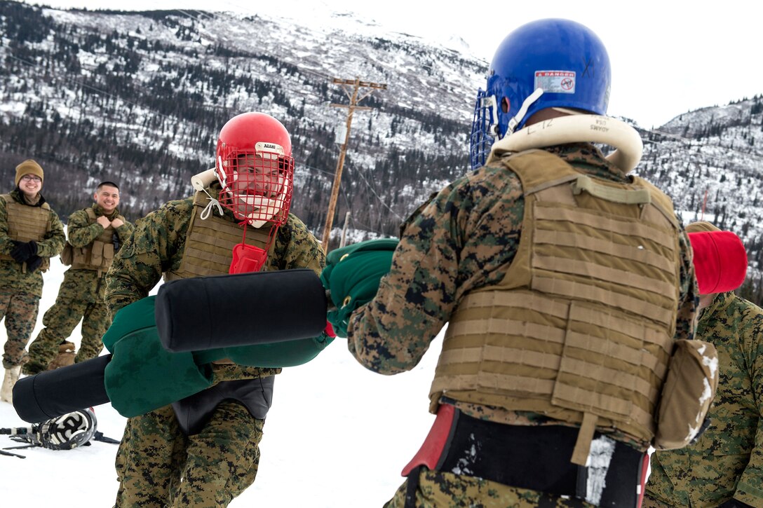 Marine Corps Cpl. Tyler Phillips, left, and Lance Cpl. Joshua Hardy participate in pugil stick training at Joint Base Elmendorf-Richardson, Alaska, April 2, 2017. Phillips and Hardy are assigned to Detachment Delta, 4th Law Enforcement Battalion. Air Force photo by Alejandro Pena