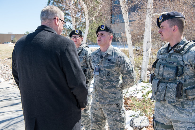 Deputy Defense Secretary Bob Work talks with 50th Space Wing airmen at Schriever Air Force Base, Colo., April 5, 2017. During his trip to Colorado, the deputy secretary spoke at the 33rd Annual Space Symposium in Colorado Springs. DoD photo by Air Force Staff Sgt. Jette Carr