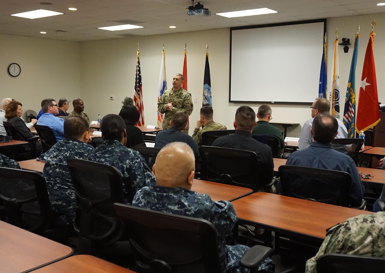 Army Brig. Gen. John Laskodi, DLA Distribution commanding general, interacts with the DLA Distribution San Joaquin, California, second shift employees during a town hall.  