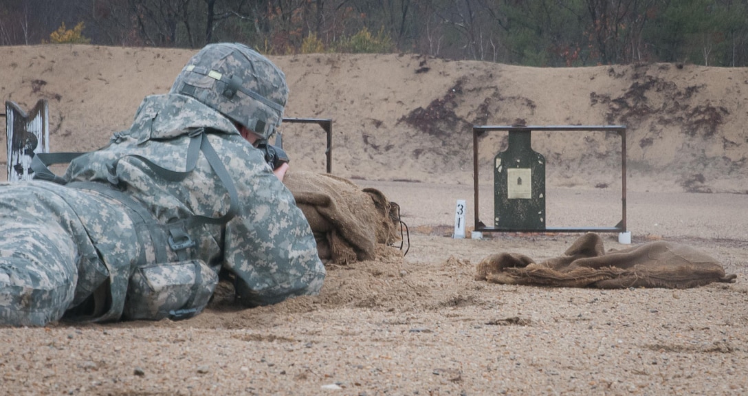 A Soldier zeroes their rifle in preparation for the Best Warrior Competition rifle marksmanship event at Fort Devens on April 4, 2017.